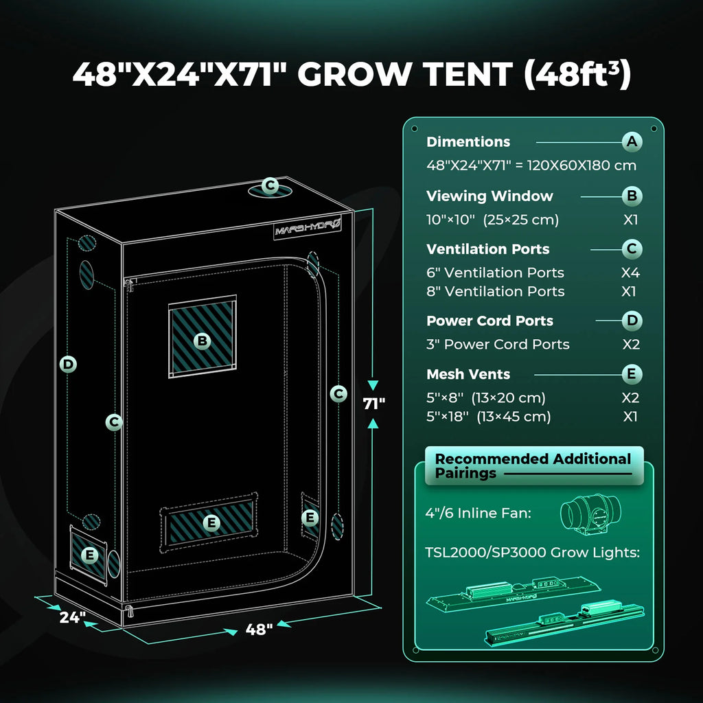Mars Hydro Hydroponic 4x2 Grow Tent - 120X60X180cm