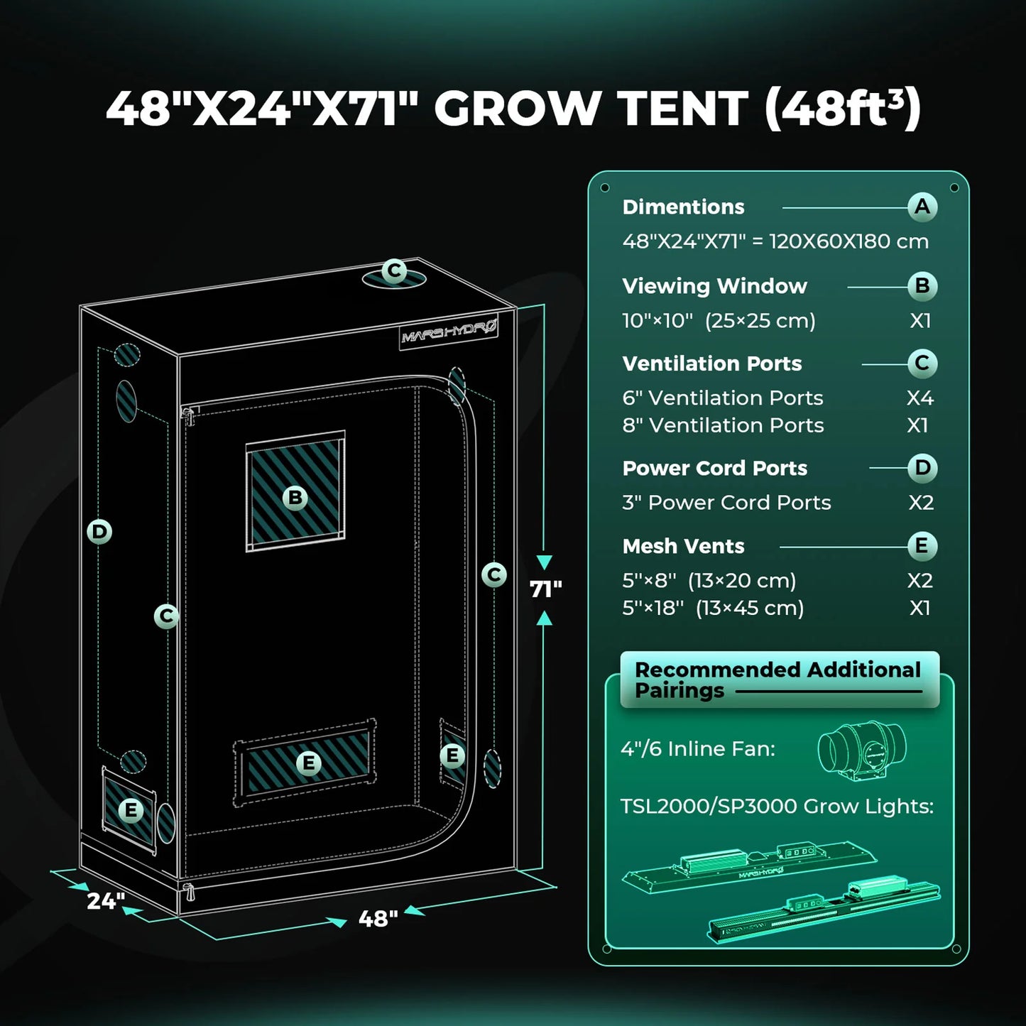 Mars Hydro Hydroponic 4x2 Grow Tent - 120X60X180cm