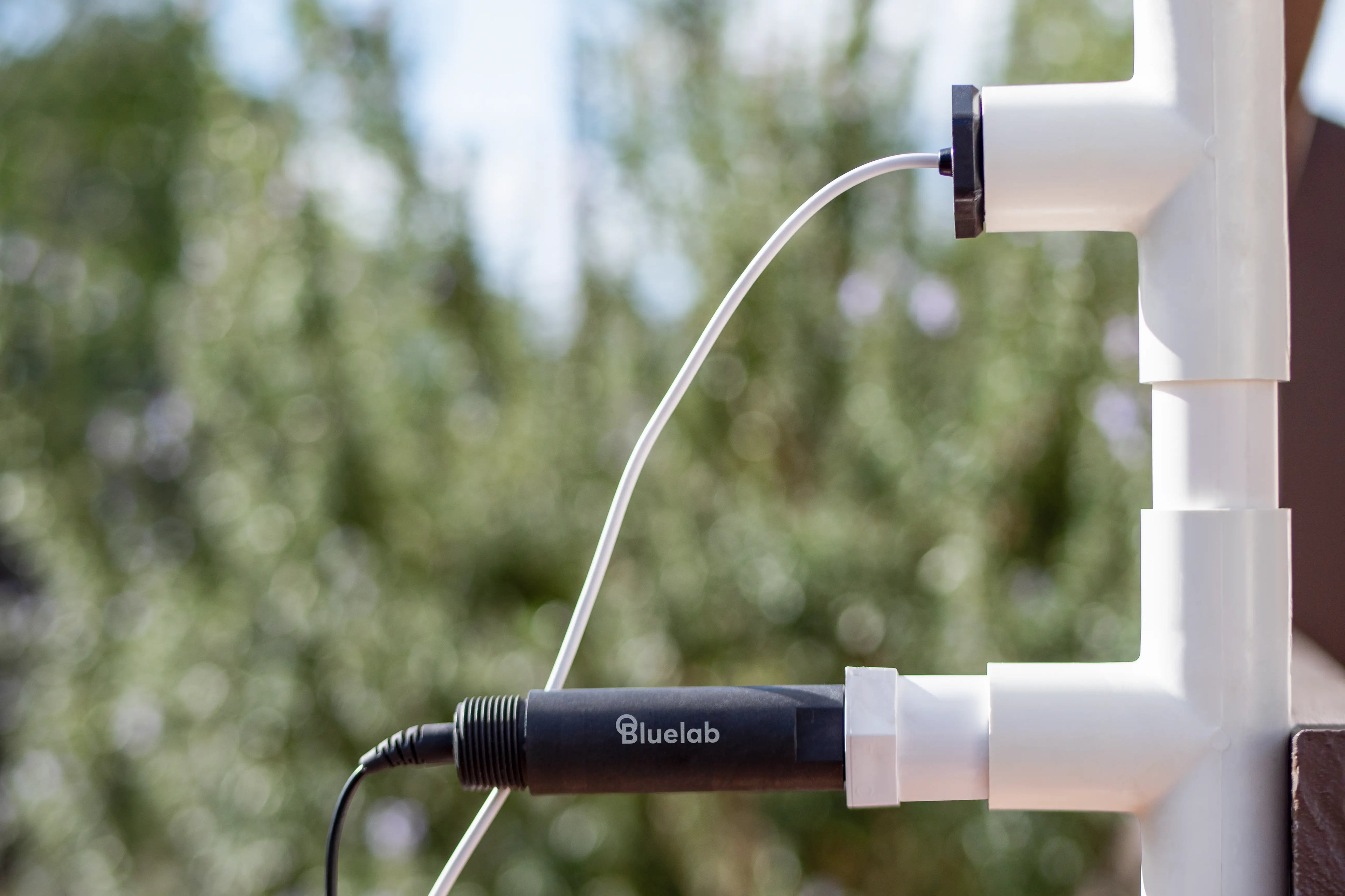 Bluelab device attached to a white pipe with a blurred green background