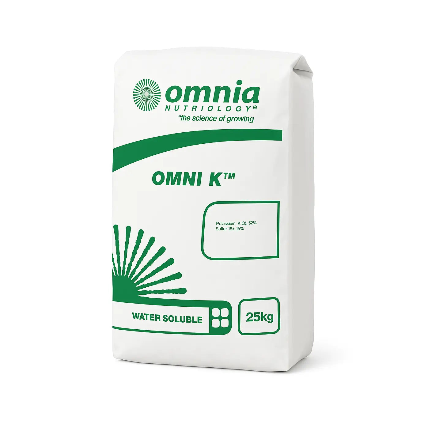 White and green bag of OMNI K fertilizer with Omnia Nutrionology branding on a white background