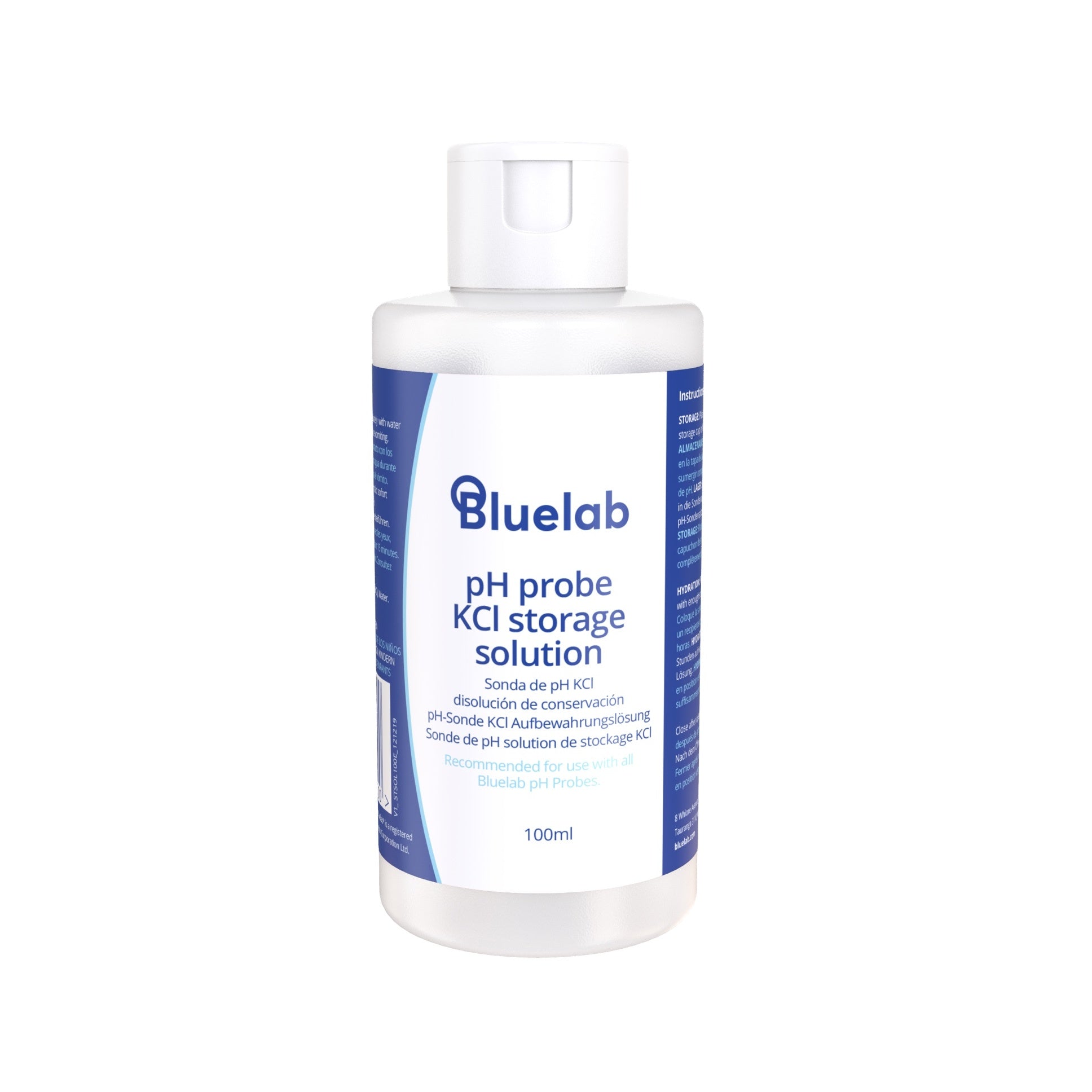 Bluelab pH probe KCl storage solution bottle on a white background