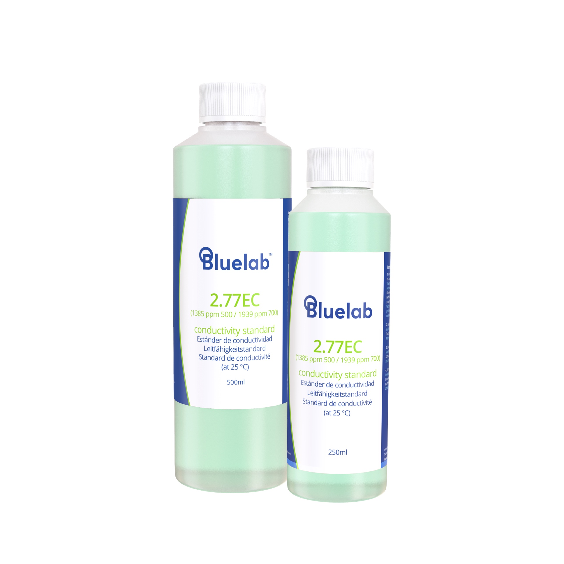 Two Bluelab EC conductivity bottles with labels on a white background
