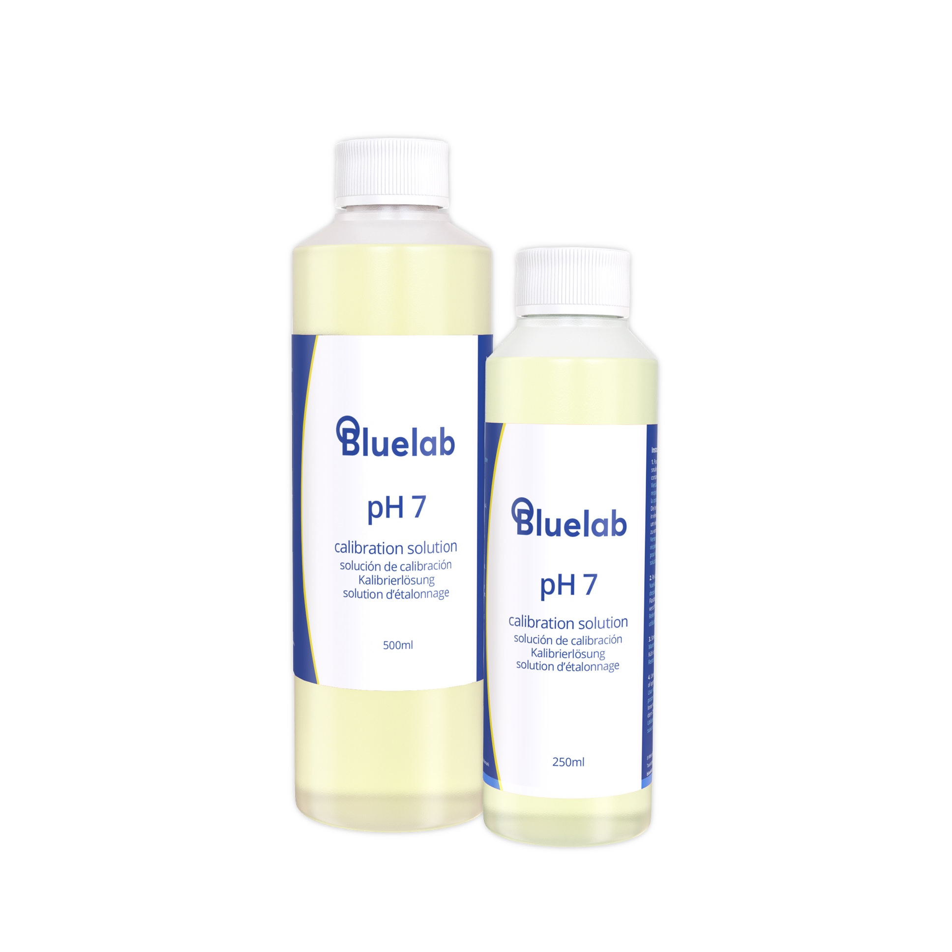 Two bottles of Bluelab pH 7 calibration solution on a white background