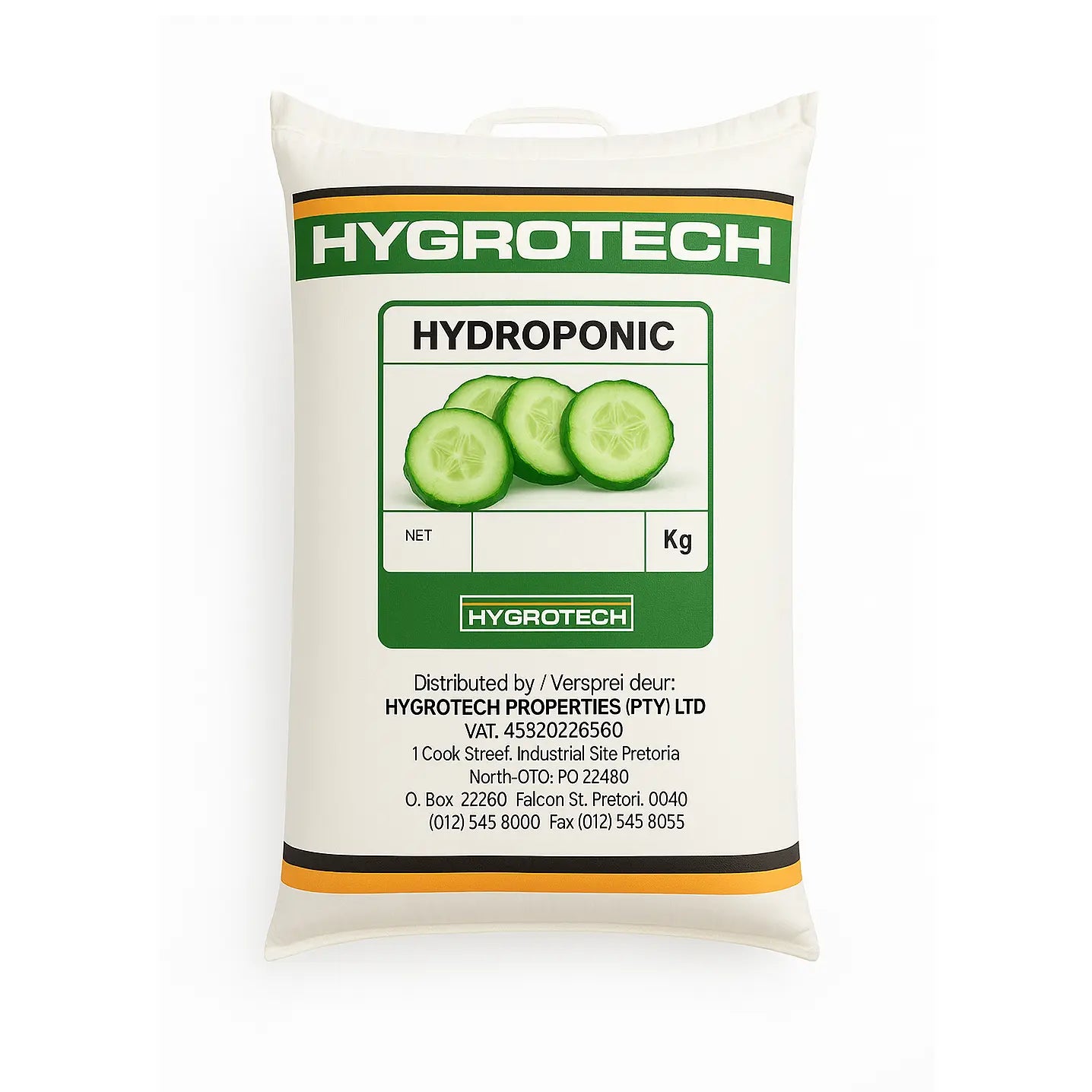 Hygrotech hydroponic product packaging with cucumbers on a white background