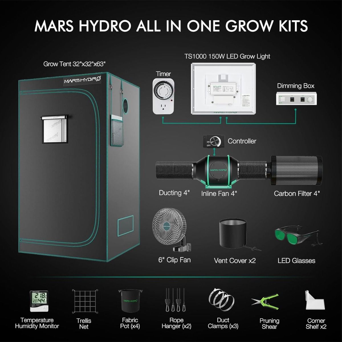 Mars Hydro TS 1000 Complete Grow Tent Kits Dimmable LED Grow Light+80x80x160cm Indoor Tent for 1-3 Plants