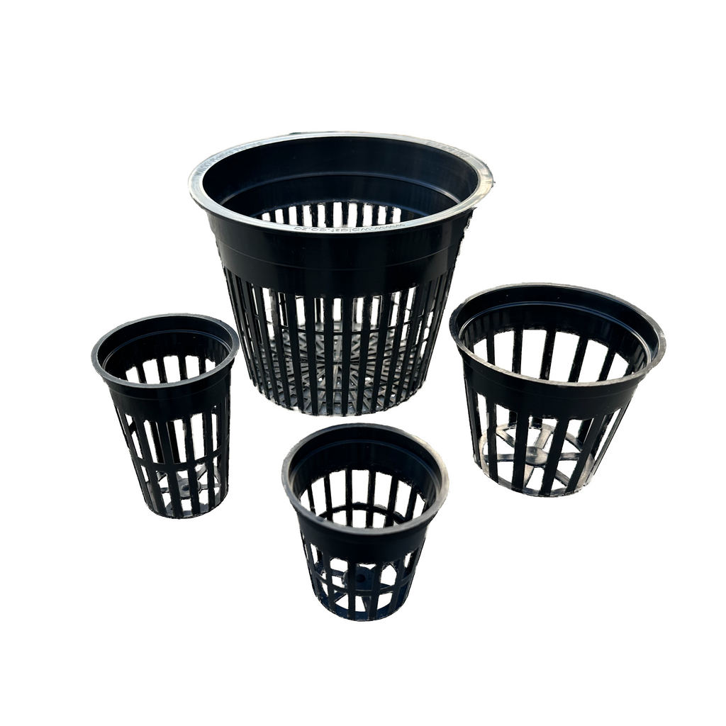 Set of five black net pots on a white background