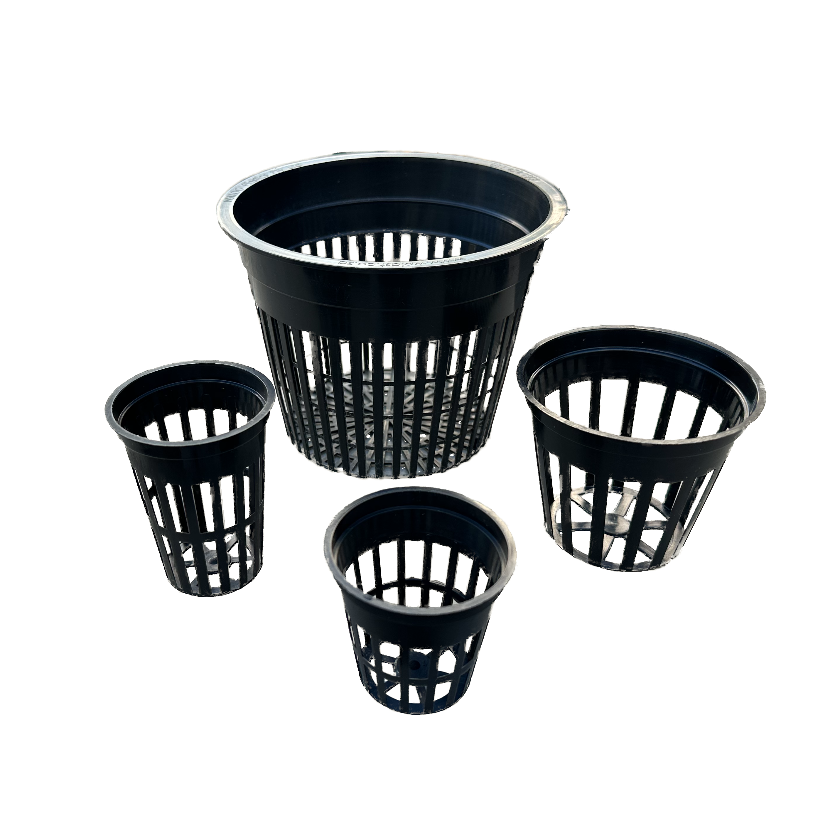 Set of five black net pots on a white background