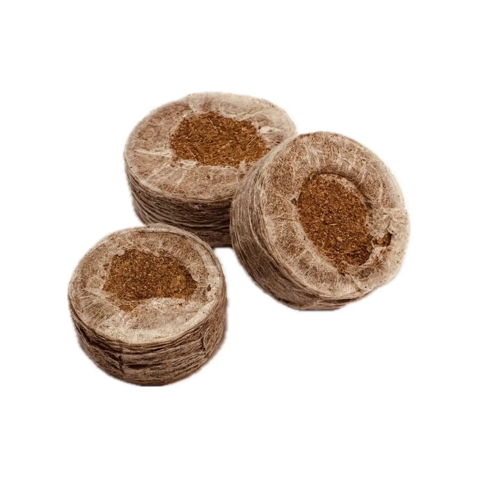 Three round brown pet beds on a white background