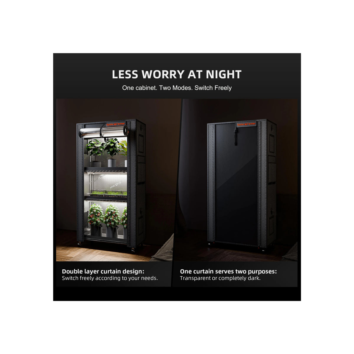 Spider Farmer plant stand with grow lights, clear and blackout doors