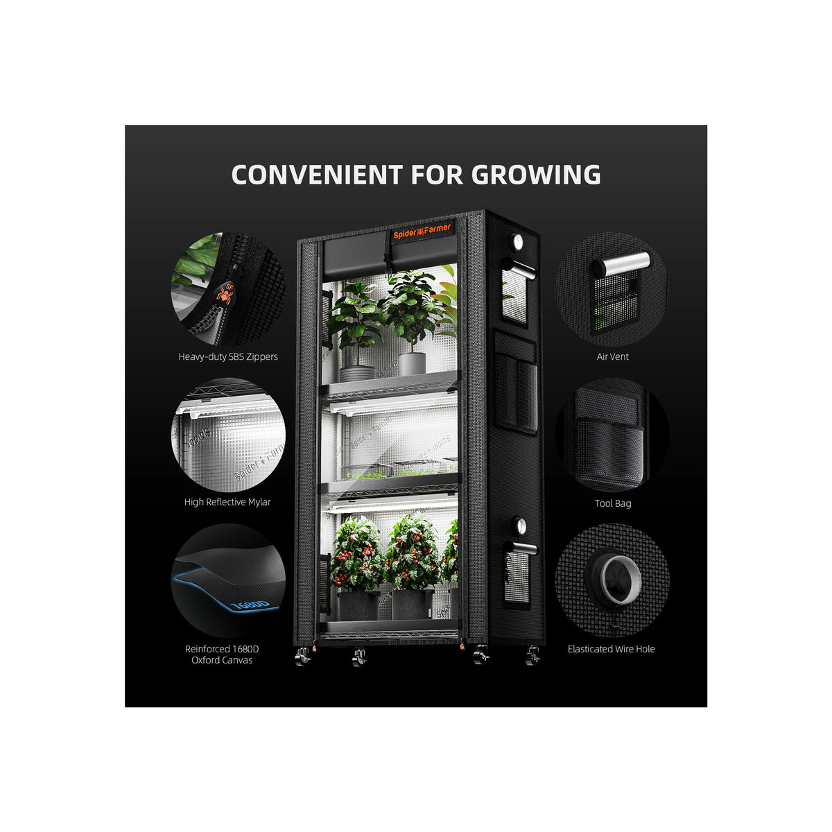 Spider Farmer plant stand with grow lights, features