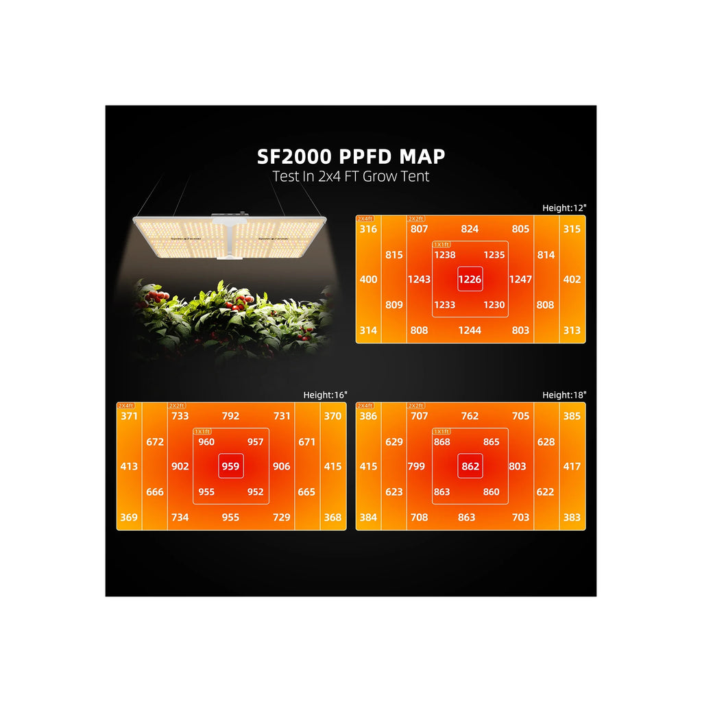 Spider Farmer SF2000 200 W LED grow light PPFD map